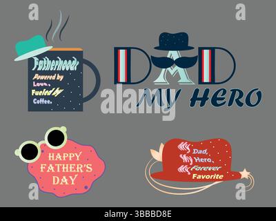 Elementi di design retro per la festa del papà con tazze e bicchieri. Disegno tipografico del giorno del padre. Illustrazione Vettoriale