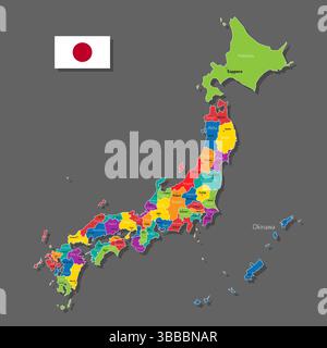 Mappa vettoriale del Giappone con nomi di città e con confini città Illustrazione Vettoriale
