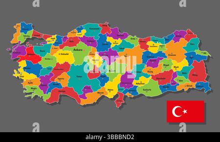 Mappa vettoriale della Turchia con nomi di città e con confini città Illustrazione Vettoriale