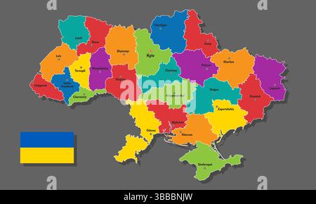 Mappa vettoriale dell'Ucraina con nomi di città e con confini città Illustrazione Vettoriale