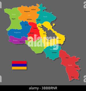 Mappa vettoriale dell'Armenia con i nomi delle città e con i confini città Illustrazione Vettoriale