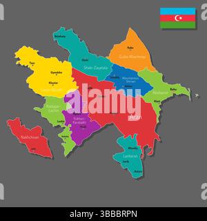 Mappa vettoriale dell'Azerbaigian con i nomi delle città e con i confini città Illustrazione Vettoriale