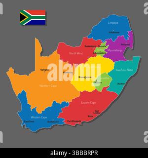 Mappa vettoriale del Sud Africa con i nomi delle città e con i confini città Illustrazione Vettoriale