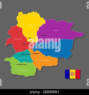 Mappa vettoriale di Andorra con i nomi delle città e con i confini della città Illustrazione Vettoriale