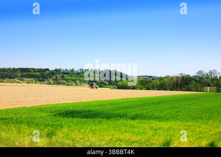 trattore che lavora nel campo, al confine del campo verde e del terreno arato, semina di frumento, segale, avena, mais Foto Stock