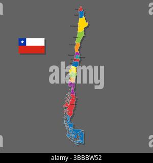 Mappa vettoriale del Cile con i nomi delle città e con i confini città Illustrazione Vettoriale