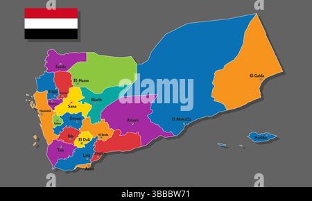 Mappa vettoriale dello Yemen con i nomi delle città e con i confini città Illustrazione Vettoriale