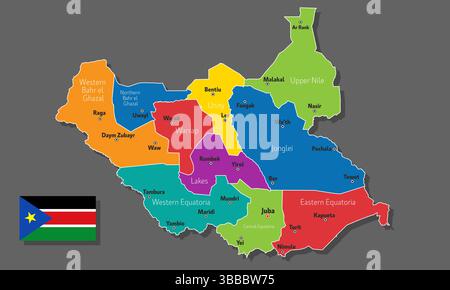 Mappa vettoriale del Sud Sudan con i nomi delle città e con i confini città Illustrazione Vettoriale