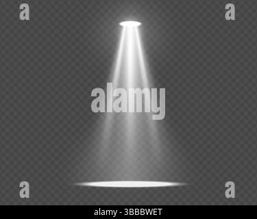 Fascio luminoso su sfondo scuro. Illustrazione vettoriale con effetto bagliore ed effetto trasparente. Ideale per concerti, eventi in discoteca o progetti di illuminazione volumetrica. Illustrazione Vettoriale