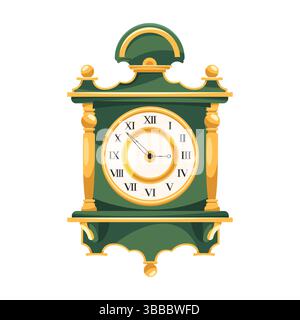 Orologio da parete retrò o classico o orologio con numeri romani. Orologio meccanico rotondo vettoriale con quadrante o orologio analogico. Decorazioni tradizionali per interni vintage. Casa sospesa in legno, arredi per la casa. Illustrazione Vettoriale