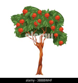 Simbolo di melagrana vettoriale o pianta da frutto. Giardino in legno o frutteto con cibo commestibile. Fattoria biologica e naturale, elemento paesaggistico rurale. Agricoltura e biologia, natura e botanica, ecologia. Illustrazione Vettoriale