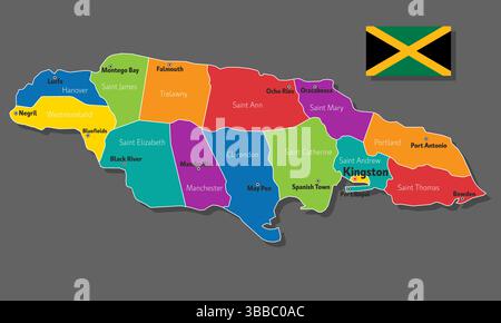Mappa vettoriale della Giamaica con i nomi delle città e con i confini della città Illustrazione Vettoriale