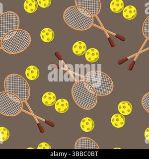 Stile piatto disegno vettoriale senza cuciture con racchette e palle da tennis su sfondo scuro, perfetto per design a tema sportivo. Illustrazione Vettoriale