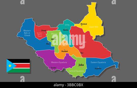 Mappa vettoriale del Sud Sudan con i nomi delle città e con i confini città Illustrazione Vettoriale