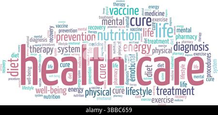 Progettazione concettuale di Word cloud in ambito sanitario isolata su sfondo bianco. Illustrazione Vettoriale