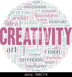 Creatività Word cloud progettazione concettuale isolata su sfondo bianco. Illustrazione Vettoriale