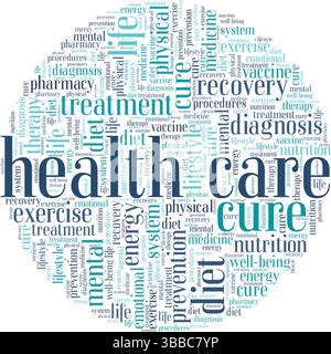Progettazione concettuale di Word cloud in ambito sanitario isolata su sfondo bianco. Illustrazione Vettoriale