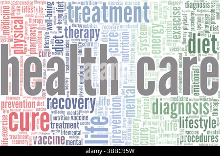 Progettazione concettuale di Word cloud in ambito sanitario isolata su sfondo bianco. Illustrazione Vettoriale