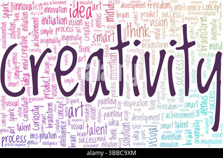Creatività Word cloud progettazione concettuale isolata su sfondo bianco. Illustrazione Vettoriale