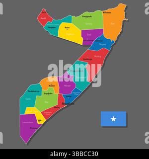 Mappa vettoriale della Somalia con i nomi delle città e con i confini città Illustrazione Vettoriale