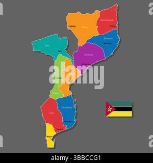 Mappa vettoriale del Mozambico con i nomi delle città e con i confini della città Illustrazione Vettoriale