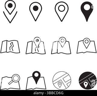 Set di icone della mappa: Illustrazioni vettoriali minimaliste in bianco e nero dei simboli di navigazione e posizione Illustrazione Vettoriale