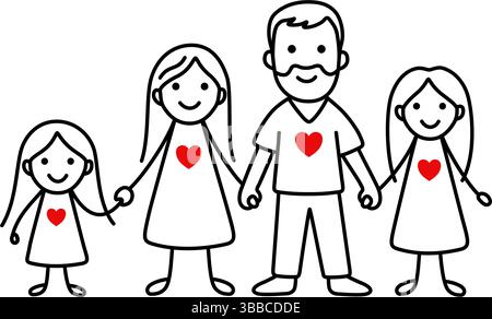 Illustrazione lineare di famiglia disegnata a mano in uno stile cartoni animati minimalista, progettata come un topper per torte o un biglietto d'auguri. Illustrazione Vettoriale