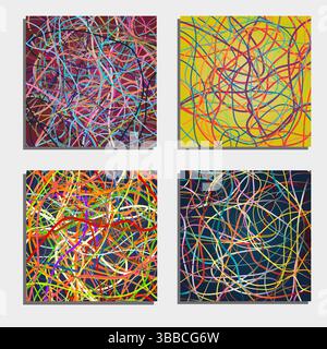 Set di quattro splendidi sfondi astratti con linee colorate in movimento. Sfondo luminoso di linee curve con molti colori. Illustrazione vettoriale. Illustrazione Vettoriale