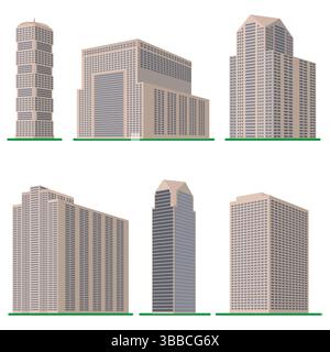 Si compone di sei alti e moderni edifici su sfondo bianco. Vista dell'edificio dal basso. Illustrazione vettoriale isometrica. Illustrazione Vettoriale