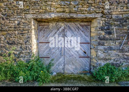 Vecchie porte in legno intemperie incastonate in una rustica parete di pietra, fiancheggiate da piante verdi. Evoca un senso di storia e fascino rurale. Ideale per temi di età, ciao Foto Stock
