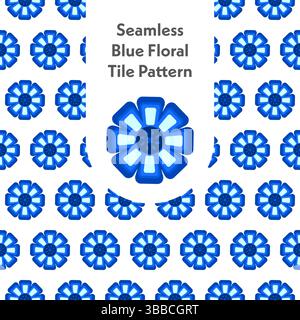Un motivo floreale ispirato alle piastrelle blu senza cuciture, ideale per stampe, tessuti, carte da parati e sfondi decorativi Illustrazione Vettoriale