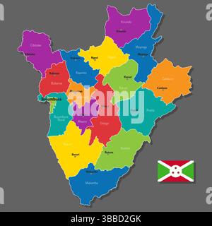 Mappa vettoriale del Burundi con i nomi delle città e con i confini della città Illustrazione Vettoriale