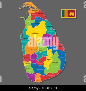 Mappa vettoriale dello Sri Lanka con i nomi delle città e con i confini della città Illustrazione Vettoriale