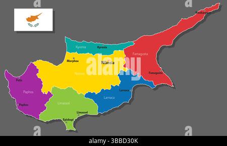 Mappa vettoriale di Cipro con nomi di città e con confini città Illustrazione Vettoriale