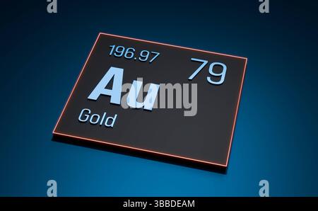 Au - oro, metallo, tavola periodica degli elementi. Au - oro, metallo, tavola periodica degli elementi. Sistema, materiale, sostanza chimica, numero atomico, peso, scienza, istruzione. Illustrazione 3D science026s01 Periodic Table Element Gold Foto Stock