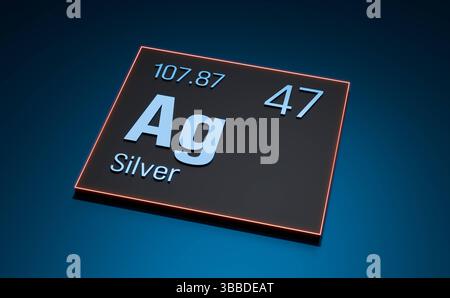 AG - argento, metallo, tavola periodica degli elementi. AG - argento, metallo, tavola periodica degli elementi. Sistema, materiale, sostanza chimica, numero atomico, peso, scienza, istruzione. Illustrazione 3D science026s02 Periodic Table Element Silver Foto Stock