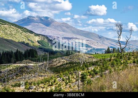 Montagne sopra Loch Tay, River Dochart, Road A85, Perthshire, Scozia, REGNO UNITO Foto Stock