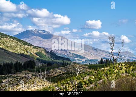 Montagne sopra Loch Tay, River Dochart, Road A85, Perthshire, Scozia, REGNO UNITO Foto Stock
