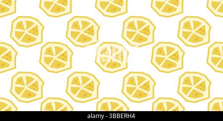 Motivo senza cuciture con ruote al limone stilizzate in stile piatto su sfondo bianco, frutta fresca ed estiva. Illustrazione Vettoriale