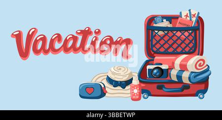 Articoli da viaggio per le vacanze con valigia, passaporto, cappello, macchina fotografica e accessori estivi. Illustrazione vettoriale cartoni animati su sfondo blu. Illustrazione Vettoriale