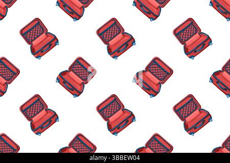Motivo senza cuciture con valigie aperte a cartoni animati in rosso e blu. Stile cartoni animati. Sfondo vettore viaggi e vacanze Illustrazione Vettoriale