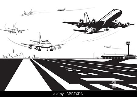 Aerei passeggeri in decollo e atterraggio in aeroporto – illustrazione vettoriale Illustrazione Vettoriale