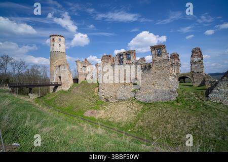 Vista panoramica delle rovine del castello di Zviretice a Bakov nad Jizerou, Cechia, che mostrano l'architettura storica contro un cielo blu Foto Stock