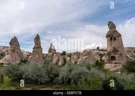I caratteristici camini delle fate e le antiche abitazioni nelle grotte spargono il paesaggio della Pigeon Valley in Cappadocia, sotto un cielo blu brillante. Foto Stock