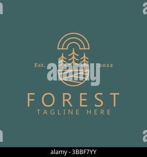 Stile linea geometrico con logo Nature Forest e albero di pino astratto per il marchio aziendale stile retro Illustrazione Vettoriale