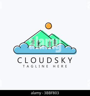 Illustrazione Logo natura Mountain Cloud Sky Adventure Outdoor Business Sign Symbol. Illustrazione Vettoriale