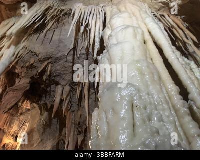 Foto di dettaglio della spettacolare grotta calcarea con suggestive concrezioni chiamata Grotta del Fico lungo la costa di Baunei, vicino a Cala Mariolu. Foto Stock