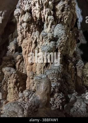 Foto di dettaglio di spettacolare grotta calcarea, formazione in pietra chiamata Grotta del Fico lungo la costa di Baunei, in Sardegna, Italia. Foto Stock