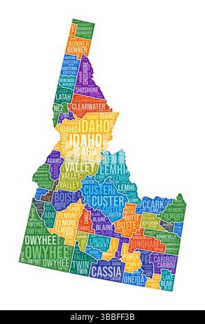 Forma dell'Idaho. State Word cloud con divisione contea. Illustrazione colorata dell'Idaho. I nomi delle contee sono nubi. Illustrazione vettoriale. Illustrazione Vettoriale