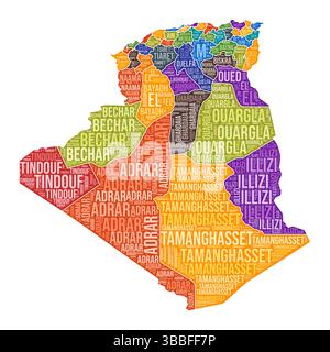 Forma dell'Algeria. Cloud di parole del paese con divisione regionale. Illustrazione a colori Algeria. Fumetto nomi area. Illustrazione vettoriale. Illustrazione Vettoriale